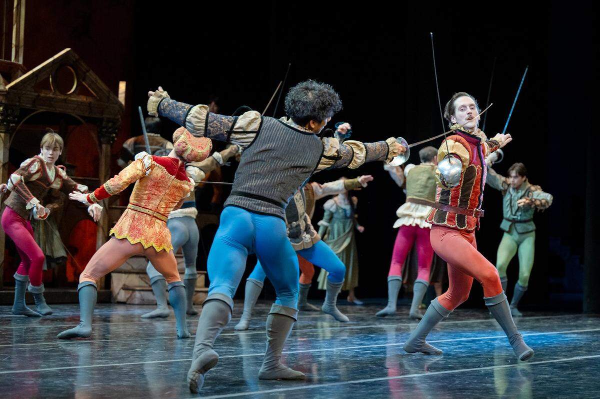 Dylan Keane, right, playing the character of Tybalt, fences with Victor Maguad (Mercutio) as the Sacramento Ballet performs “Romeo & Juliet” during a dress rehearsal Wednesday.