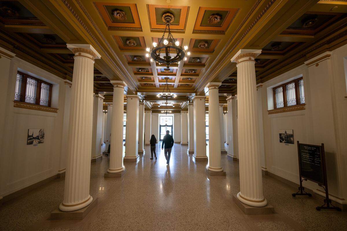 A restored hallway at the Jesse M. Unruh Building in Sacramento on March 9, 2026. Reopened after a multi-year renovation, the 1928 building was once known as State Office Building No. 1.