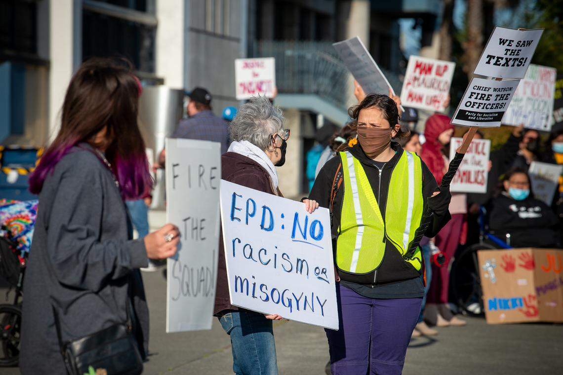 Organizer Emily Mossman Smiley, right, protests wiht Pat Kanzler at the Humboldt County Courthouse on Friday, March 26, 2021, to demand accountability for Eureka Police Department officers involved in offensive group text messages.