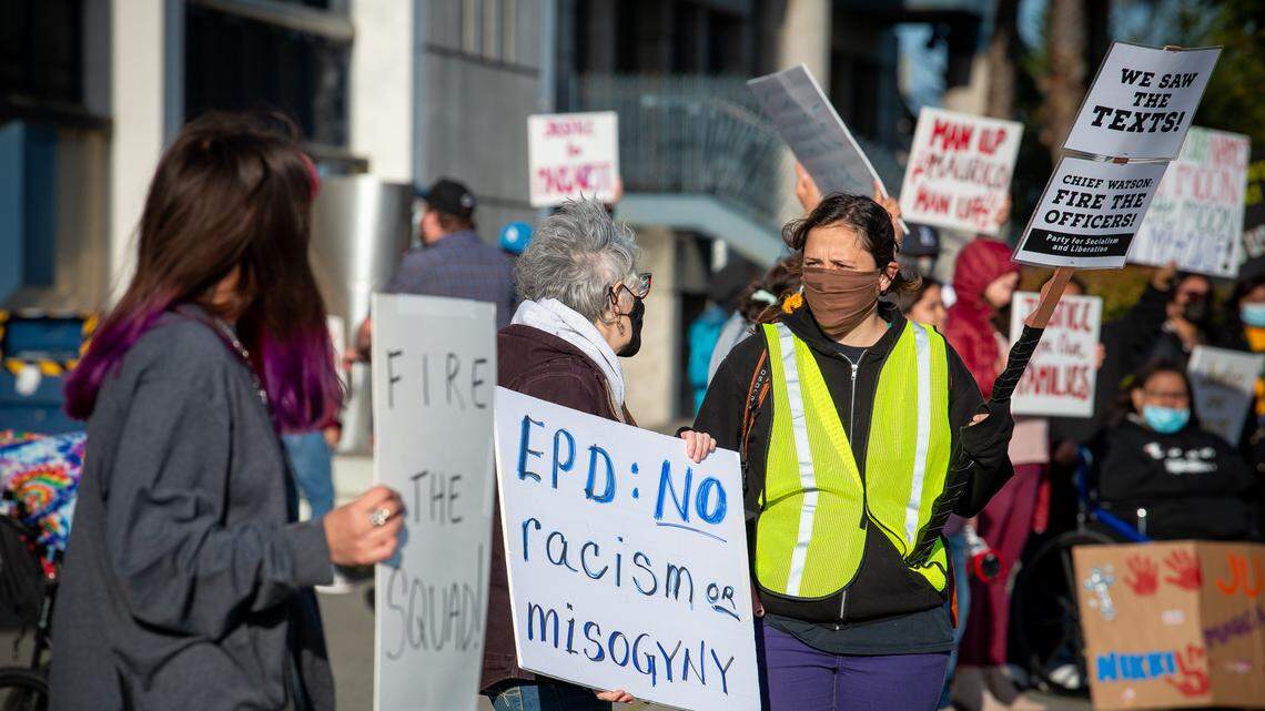 Organizer Emily Mossman Smiley, right, protests with Pat Kanzler at the Humboldt County Courthouse on Friday, March 26, 2021, to demand accountability for Eureka Police Department officers involved in offensive group text messages.