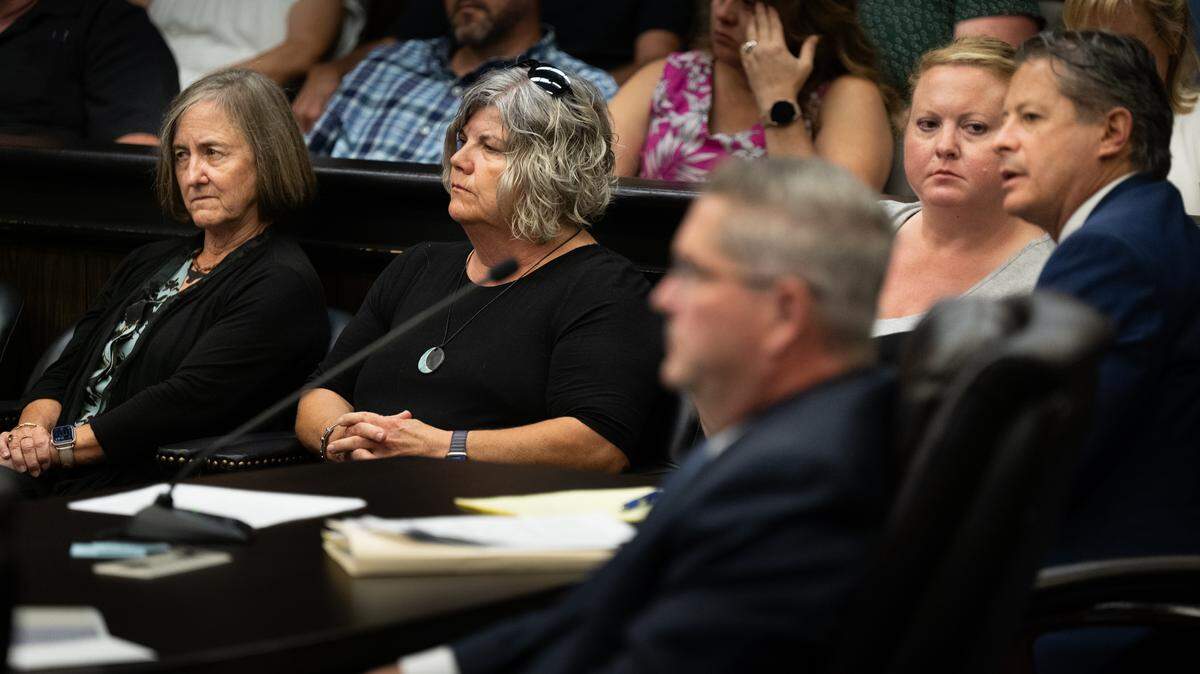 Judge Mark Aralphs agreed Friday to plea deal for, left to right, administrator Cindy Keller, principal Staranne Meyers and teacher Kimberly Wohlwend of the now-closed Guiding Hands School with their attorneys David D. Fisher and Adam Weiner in the 2018 restraint death of a student, Max Benson, at the El Dorado Superior Court in Placerville. 