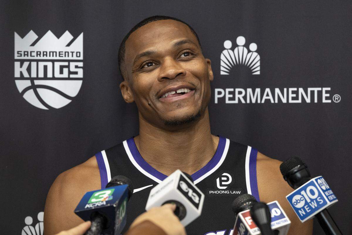 Russell Westbrook talks to the press during a press conference introducing him as a Sacramento Kings player in Sacramento on Sunday.