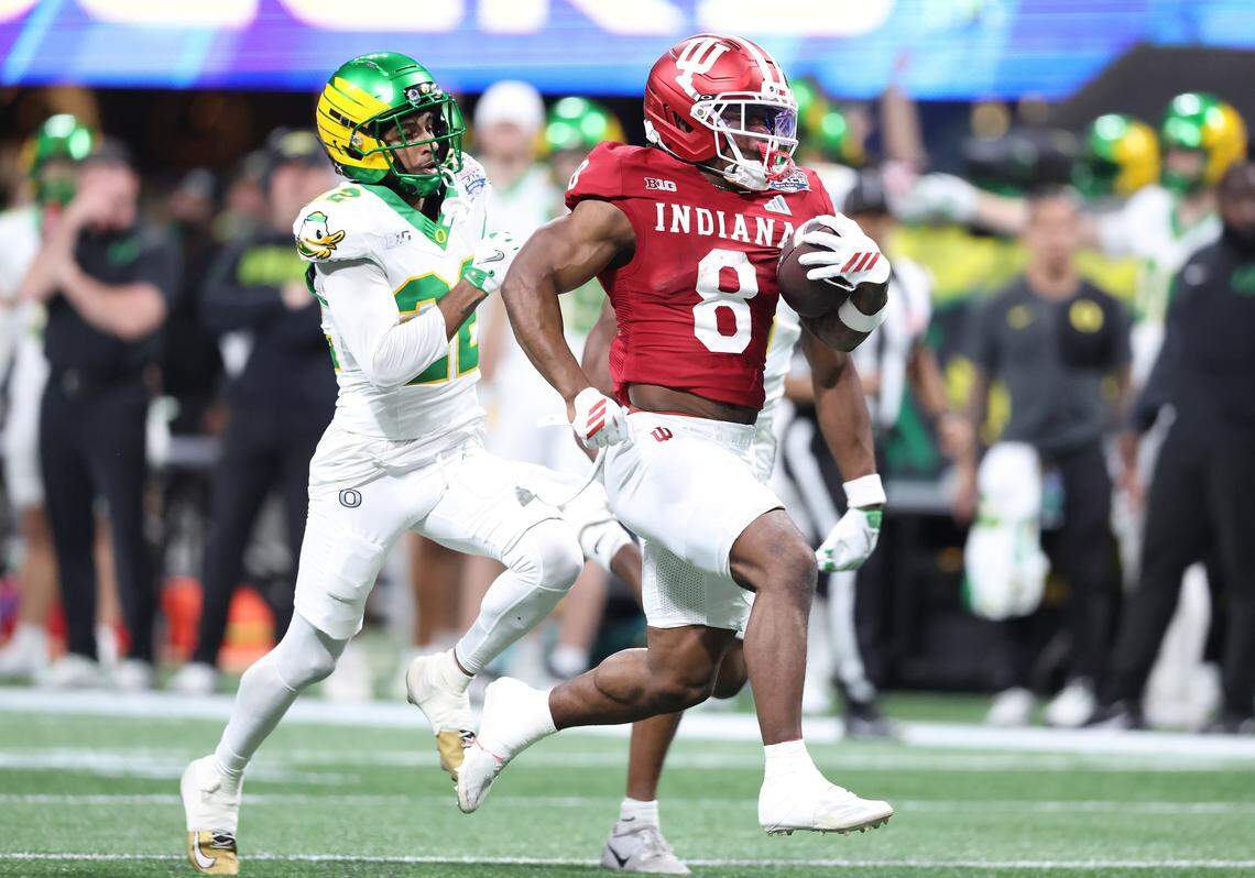 Running back Kaelon Black of the Indiana Hoosiers rushes against the Oregon Ducks during the third quarter of the 2025 College Football Playoff Semifinal at the Chick-fil-A Peach Bowl at Mercedes-Benz Stadium on Jan. 9 in Atlanta. The San Francisco 49ers picked Black on Friday with the 90th overall pick of the NFL draft.
