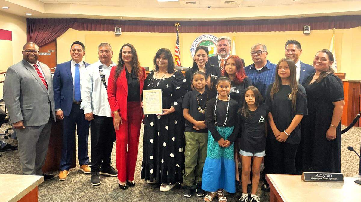 Elk Grove City Council delivers a proclamation on Wednesday to members of Wilton Rancheria, announcing the recognition of Indigenous Peoples’ Day on Oct. 9.