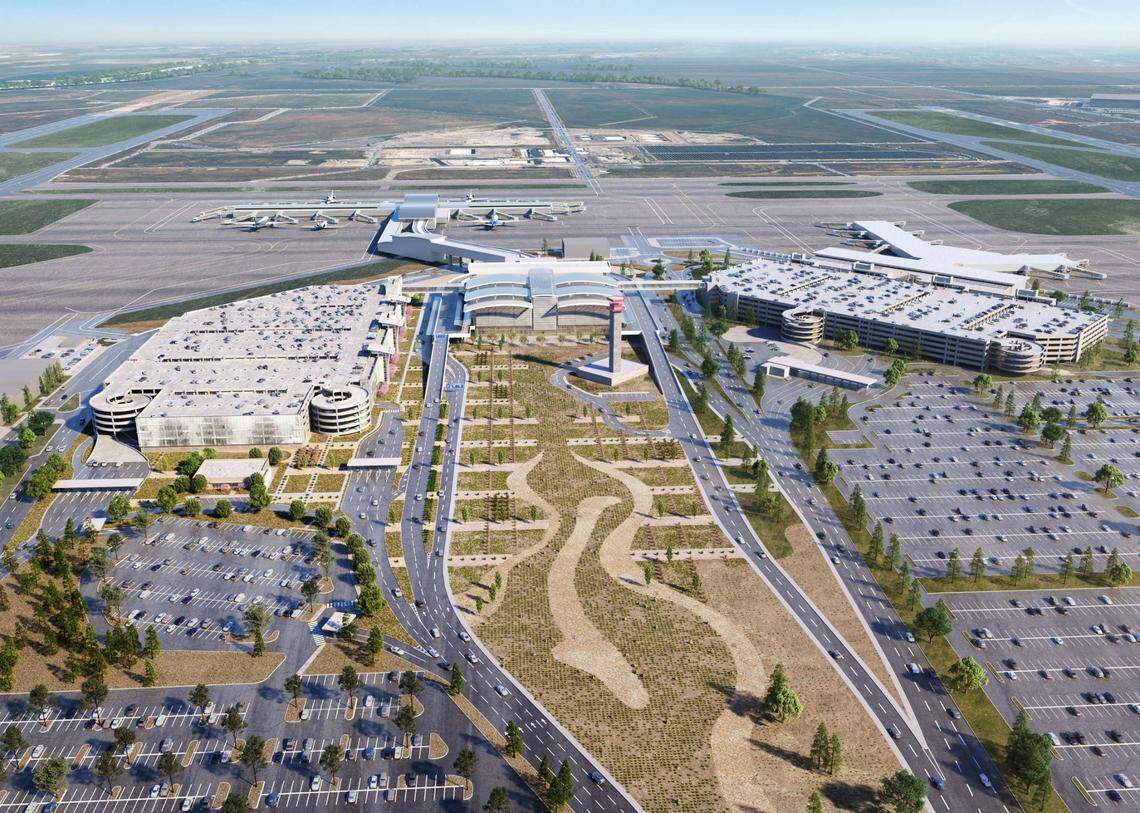 An artist’s rendering shows planned renovations at Sacramento International Airport, including a new six-story parking garage.