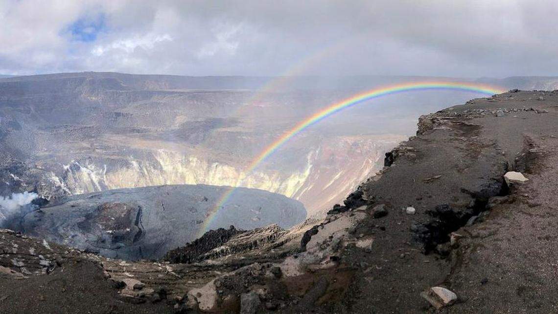 The U.S. Geological Survey shared a photo this week showing a very well defined rainbow had formed Monday above Kilauea volcano, which has been continuously erupting for two months.
