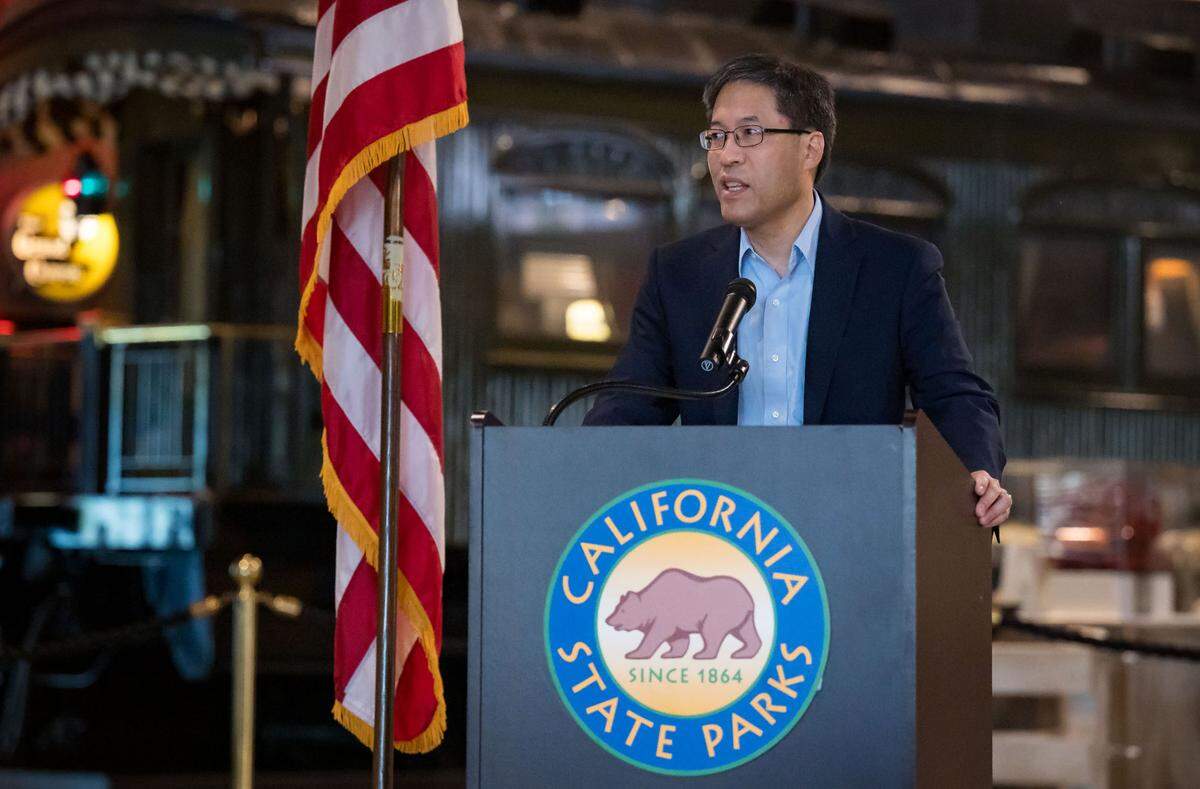 Former state senator Dr. Richard Pan, who recently announced his candidacy for mayor of Sacramento, speaks during a ceremony by the California State Railroad Museum and Foundation to dedicate the Chinese Railroad Workers’ Experience exhibit to Dr. Herbert Yee on Wednesday, June 21, 2023, at the Sacramento museum.