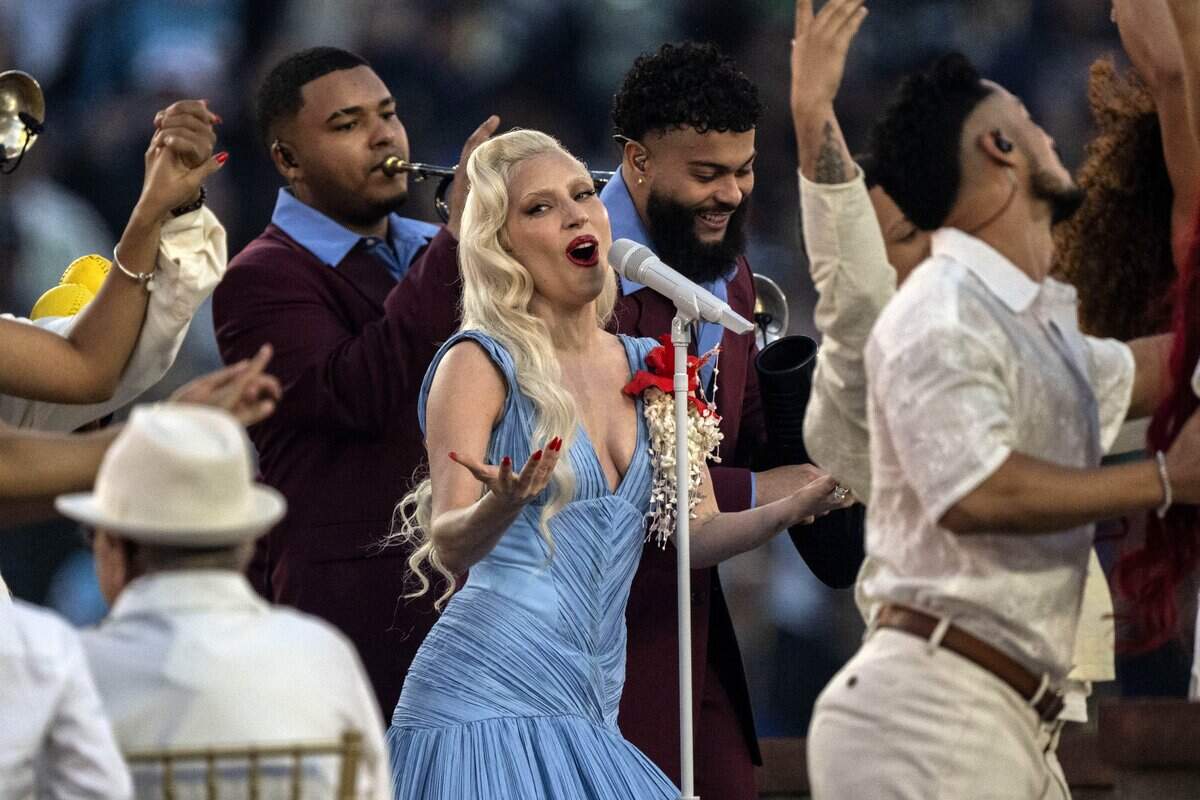 Lady Gaga sings “Die with a smile” during the Super Bowl LX halftime show at Levi’s Stadium on Sunday, Feb. 8.