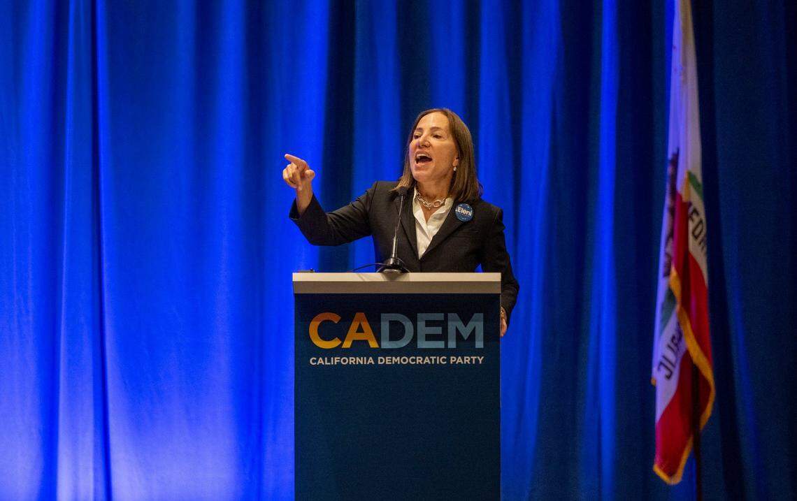 California Lt. Gov. Eleni Kounalakis speaks to the Labor Caucus at the California Democratic Party state endorsing convention on Friday, Nov. 17, 2023, at SAFE Credit Union Convention Center in Sacramento.