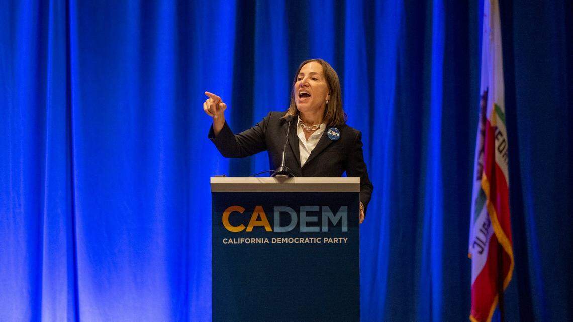 California Lt. Gov. Eleni Kounalakis speaks to the Labor Caucus at the California Democratic Party state endorsing convention on Friday, Nov. 17, 2023, at SAFE Credit Union Convention Center in Sacramento.