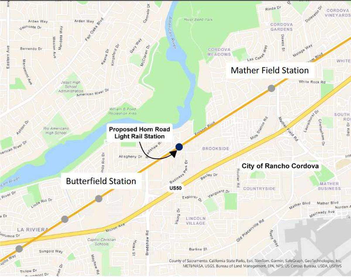 A map shows the location of the planned Horn Road light rail station between the Butterfield and Mather Field stations.