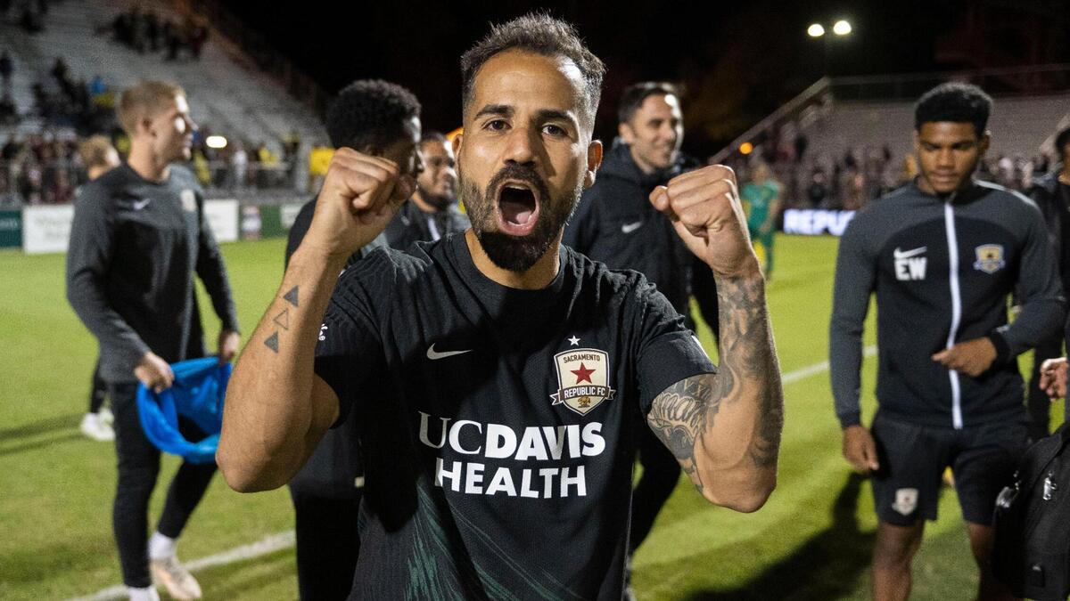 Jubilant Sacramento Republic FC midfielder Rodrigo López celebrates his team’s 2-0 victory after their USL conference quarterfinals game against New Mexico United at Heart Health Park in October.