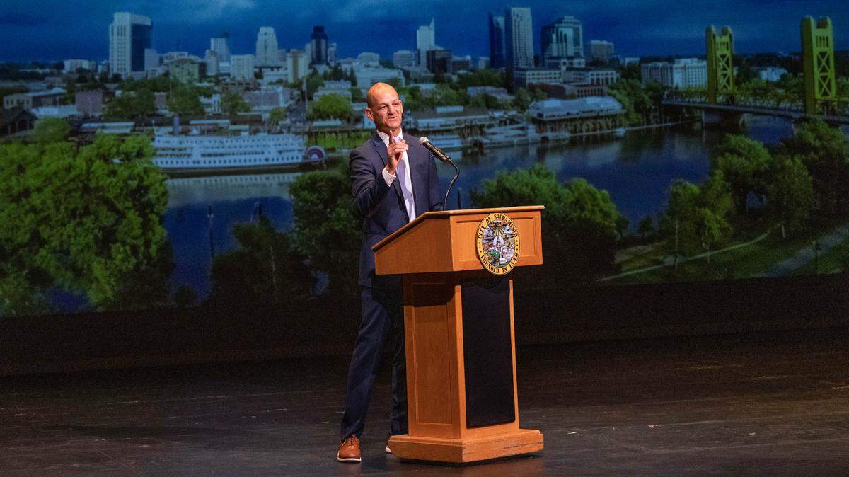 Sacramento Mayor Kevin McCarty gives his first State of the City address on Monday, Oct. 20, 2025, at the B Street Theatre in Sacramento.