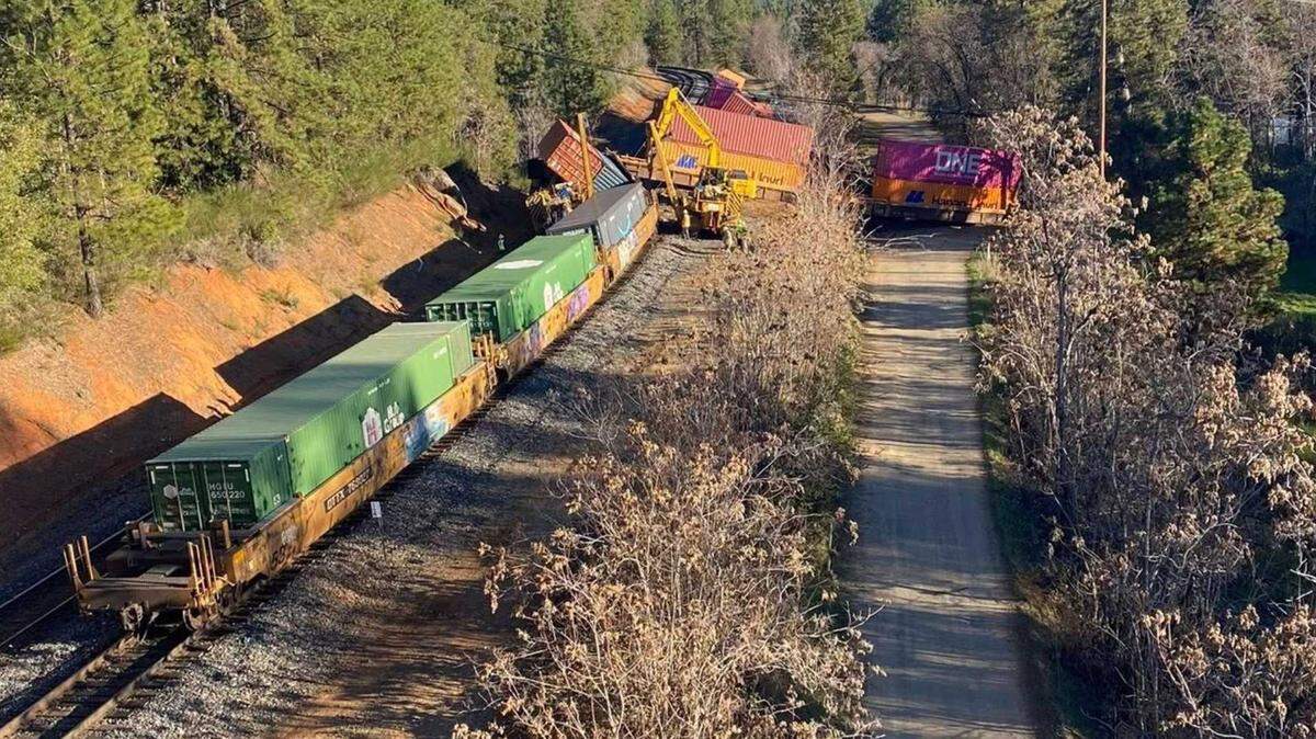 A Union Pacific train derailment is seen on Saturday, Dec. 7, 2025, near Highway 174 and Narrow Gauge Road just north of Colfax. Thirteen rail cars left the tracks around 3:20 a.m., prompting an investigation and cleanup effort.