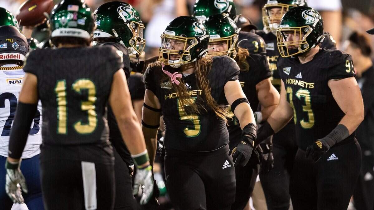 Sacramento State Hornets linebacker Marcus Hawkins celebrates a takedown on a Northern Arizona University kick return during the first half of the Hornets homecoming NCAA football game Saturday, Oct. 23, 2021, at Hornet Stadium in Sacramento.