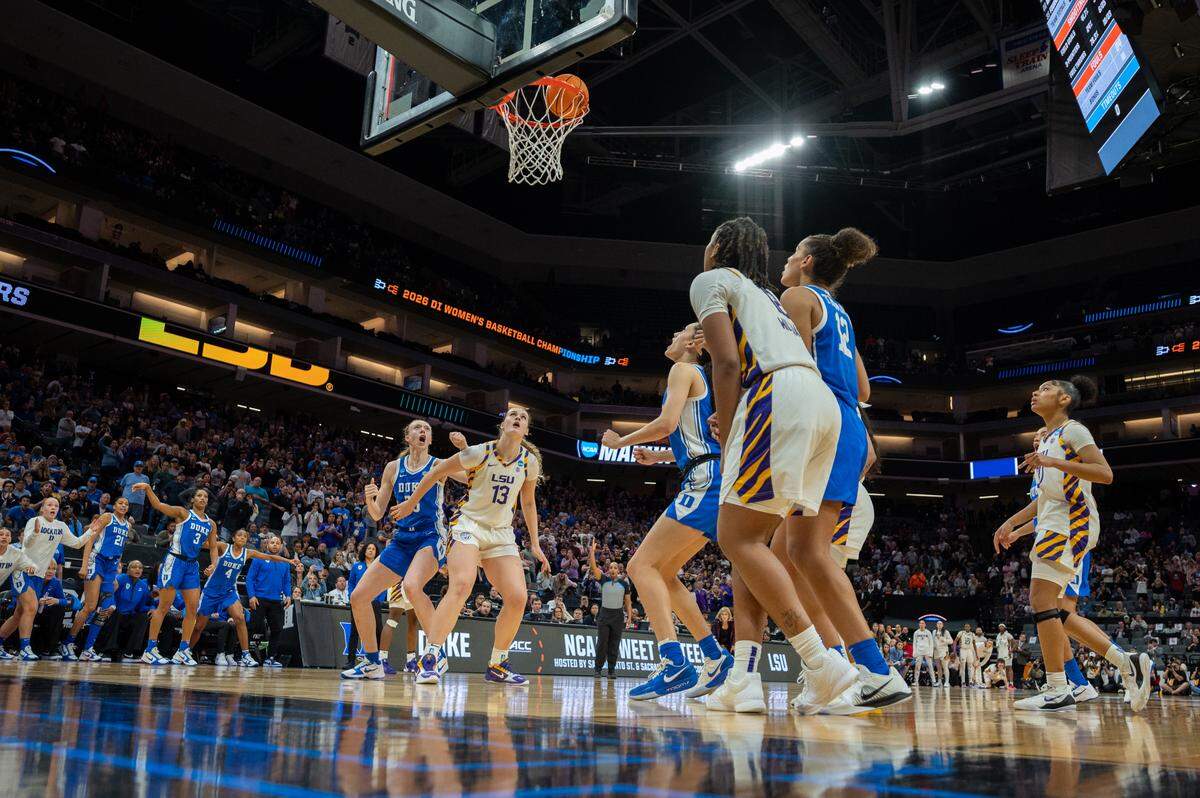 Duke Blue Devils guard Ashlon Jackson (3) watches her game-winning basket over the Louisiana State University Tigers during the NCAA Women’s Basketball Tournament Sweet 16 game at Golden 1 Center in Sacramento on Friday.