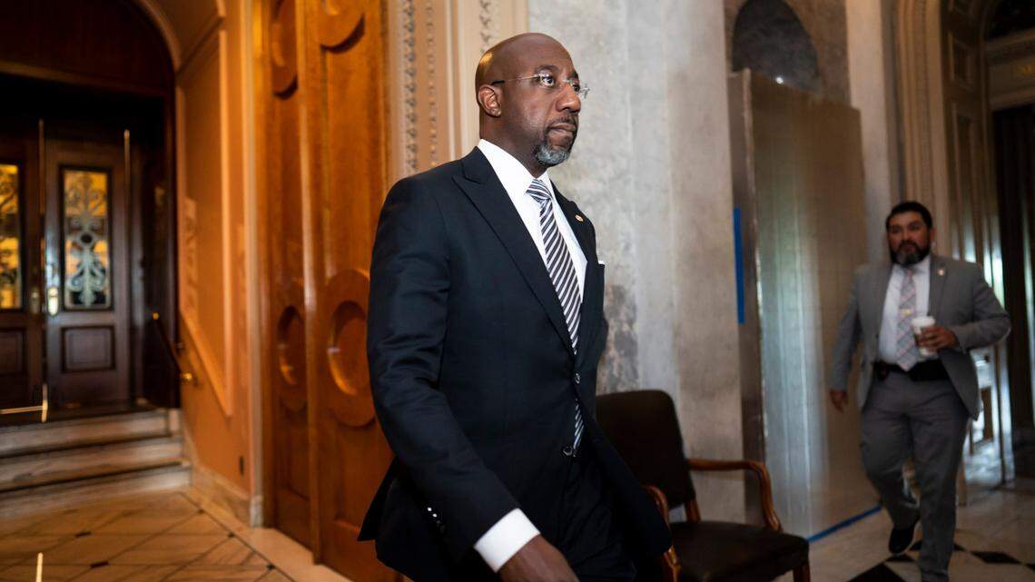 Sen. Raphael Warnock, D-Ga., leaves the chamber before a procedural vote on the Women’s Health Protection Act to codify the landmark 1973 Roe v. Wade decision that legalized abortion nationwide, at the Capitol in Washington on May 11. Warnock has raised about $7 million in itemized contributions from individual California donors for the 2021-22 election cycle.