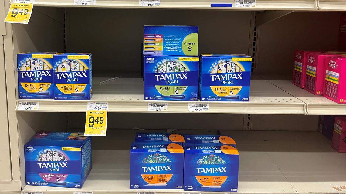 A shelf at a Safeway pharmacy on Alahambra Boulevard in Sacramento shows few tampon boxes on June 15, 2022, as the U.S. is facing another shortage.