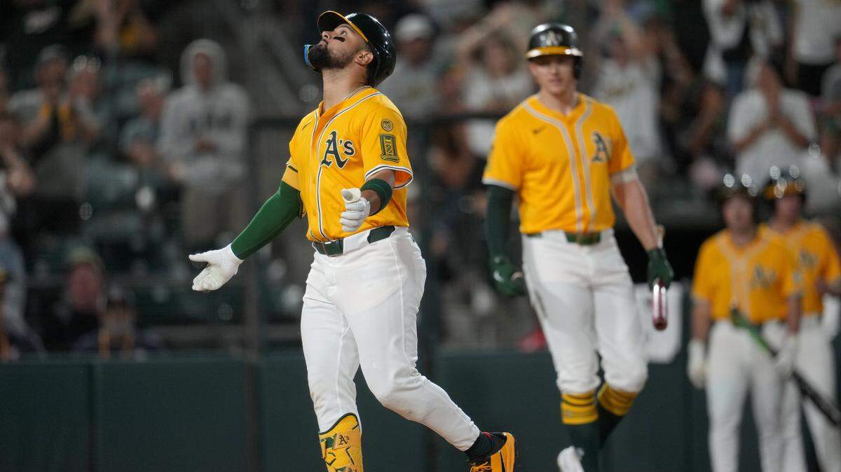 Sep 12, 2025; West Sacramento, California, USA; Athletics left fielder Carlos Cortes (26) reacts after hitting a home run against the Cincinnati Reds in the third inning at Sutter Health Park. Mandatory Credit: Cary Edmondson-Imagn Images