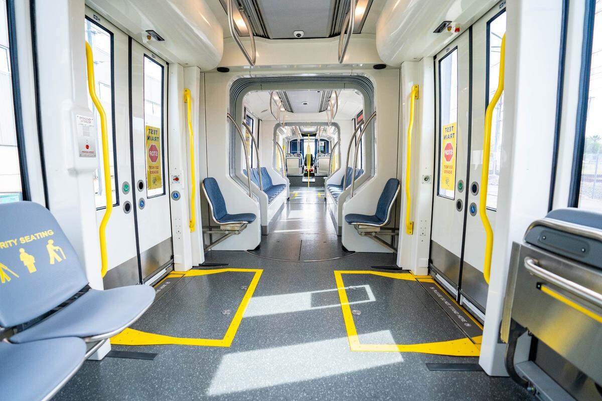 Sacramento Regional Transit’s new low-floor trains, previewed at SacRT’s heavy rail facility on Wednesday, will feature easier access to doorways, wider aisles, spacious seating and larger windows.