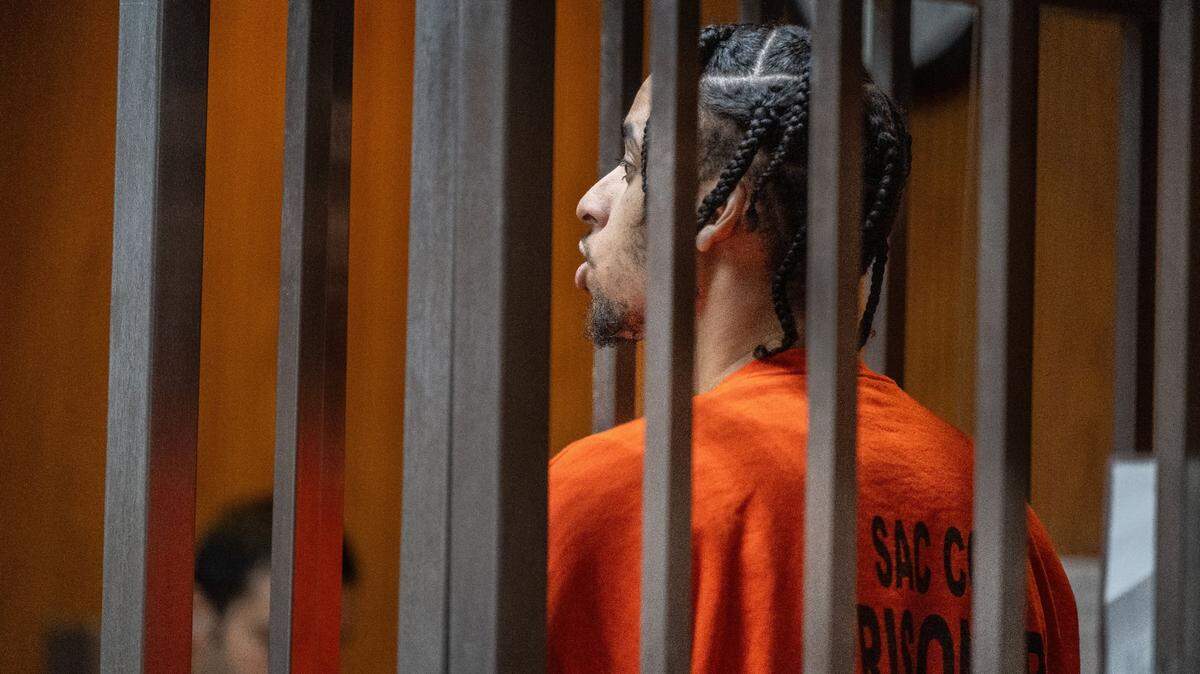 Former Sacramento Kings G League player Chance Comanche, formerly with the Stockton Kings, appears in Sacramento Superior Court on Dec. 19 for an extradition hearing to Nevada. Comanche is alleged to have murdered Marayna Rodgers, 23, after a G League game in Las Vegas on Dec. 5.