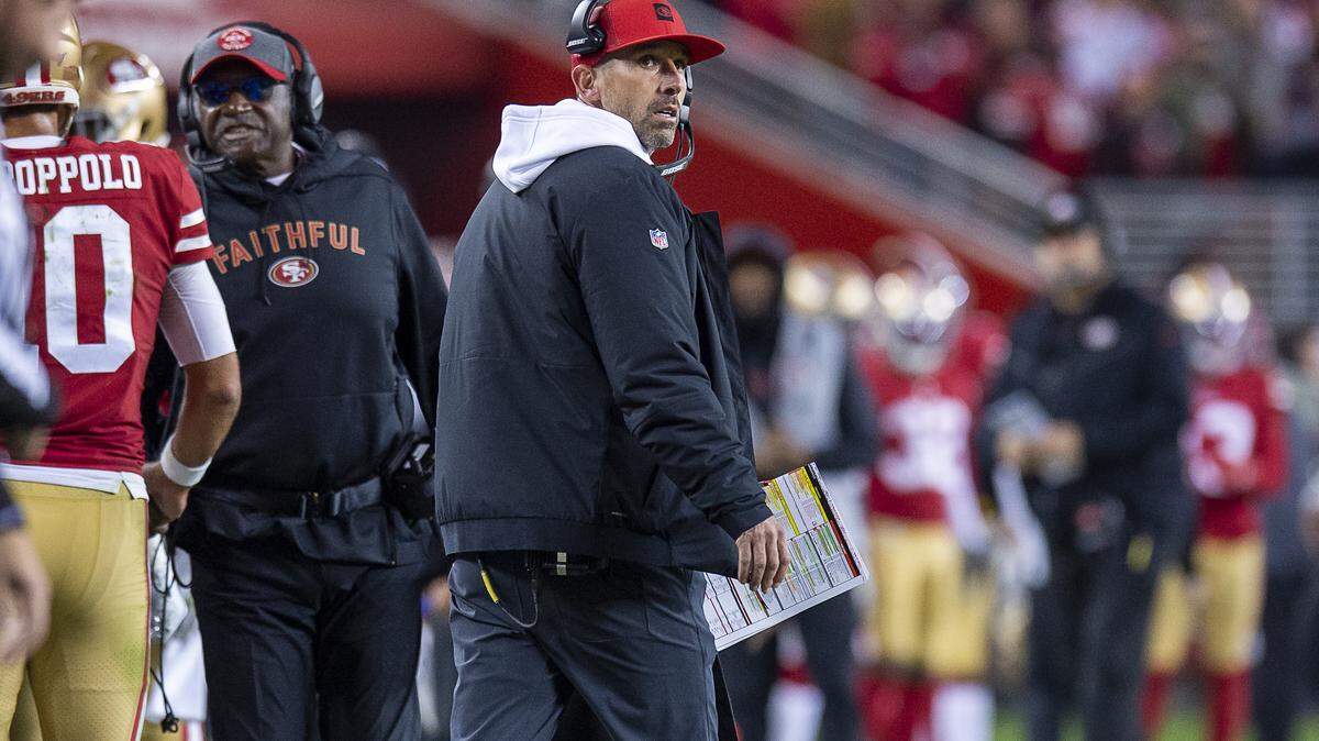 San Francisco 49ers coach Kyle Shanahan looks at the scoreboard after the 49ers score in the fourth quarter during a game at Levi’s Stadium on Saturday, December 21, 2019 in Santa Clara, Calif.