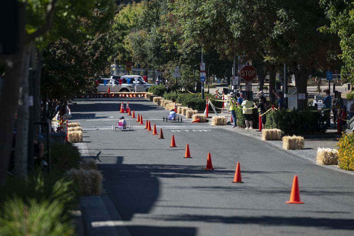 Super stock class derby racers race in the Folsom Historic District’s All-American Soap Box Derby in Folsom on Sunday, Oct. 5, 2025.