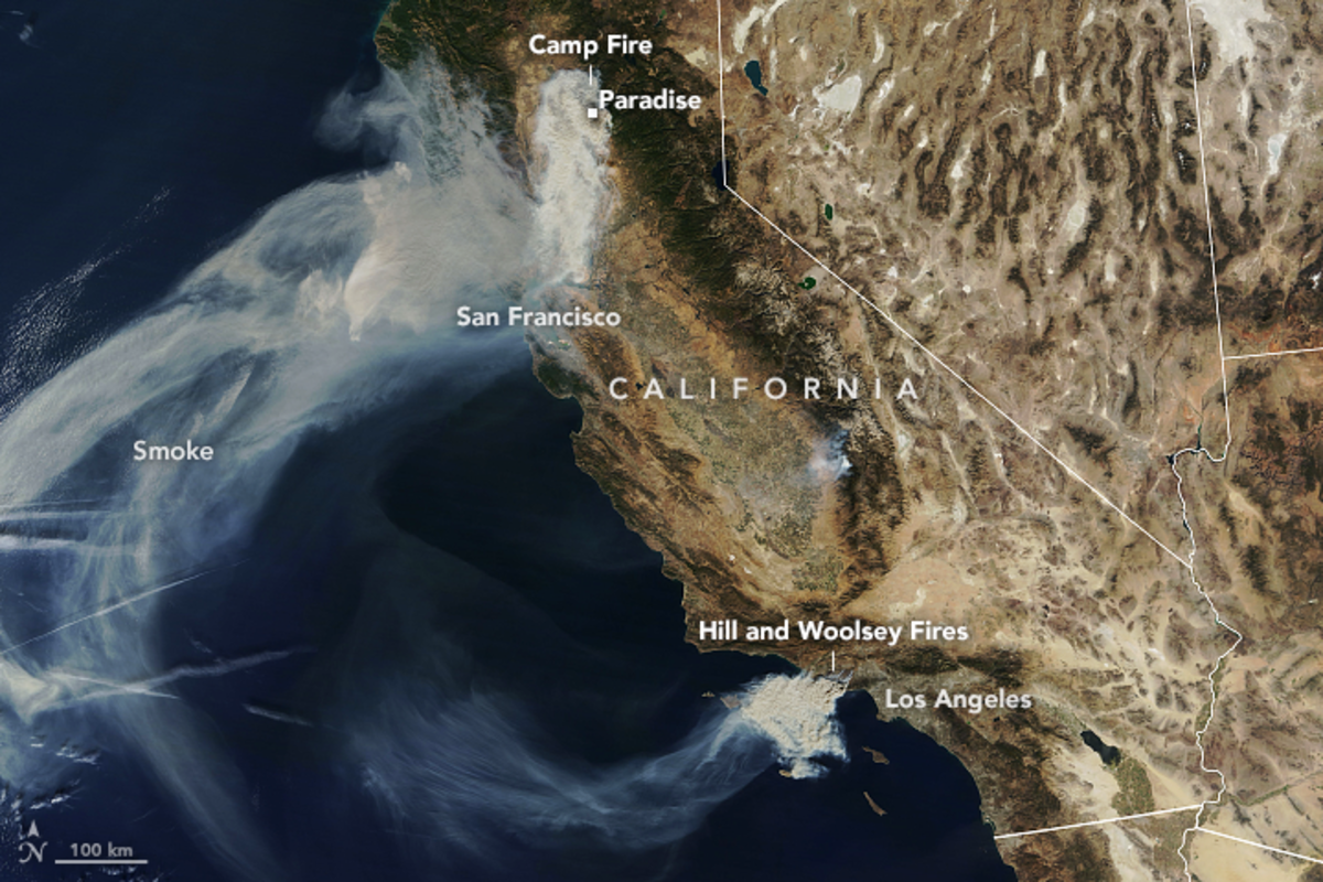 Satellite footage shows smoke and hot spots from the Camp Fire on Friday. Strong winds pushed smoke over the Sacramento Valley, causing air quality to diminish.