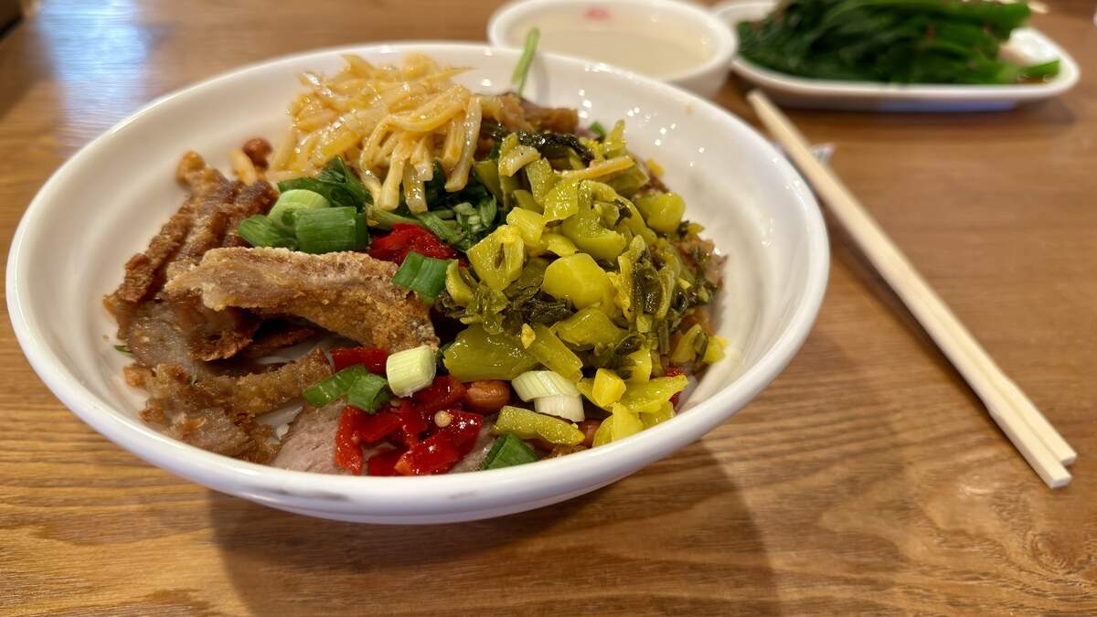 A bowl of guilin noodles with self-serve toppings was served at Old Gui Lin at 5131 Freeport Blvd. on June 15, 2026.