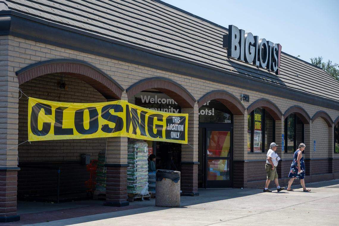 Customers leave the Big Lots store that is closing in Sacramento County’s La Riviera community on Monday, July 22, 2024. A total of six Big Lot locations in the Sacramento region are closing.