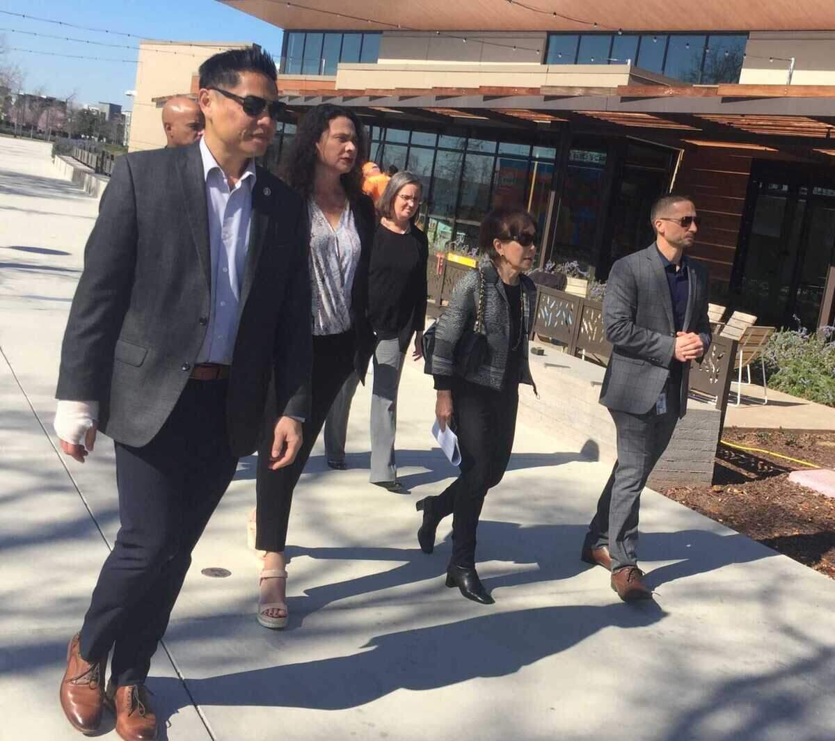 Rep. Doris Matsui, second from right, D-Sacramento, tours District 56 in Elk Grove in February with Vice Mayor Darren Suen, far left, Mayor Bobbie Singh-Allen, and Public Works Director Jeff Werner. Matsui now represents Elk Grove in her redrawn Congressional district.