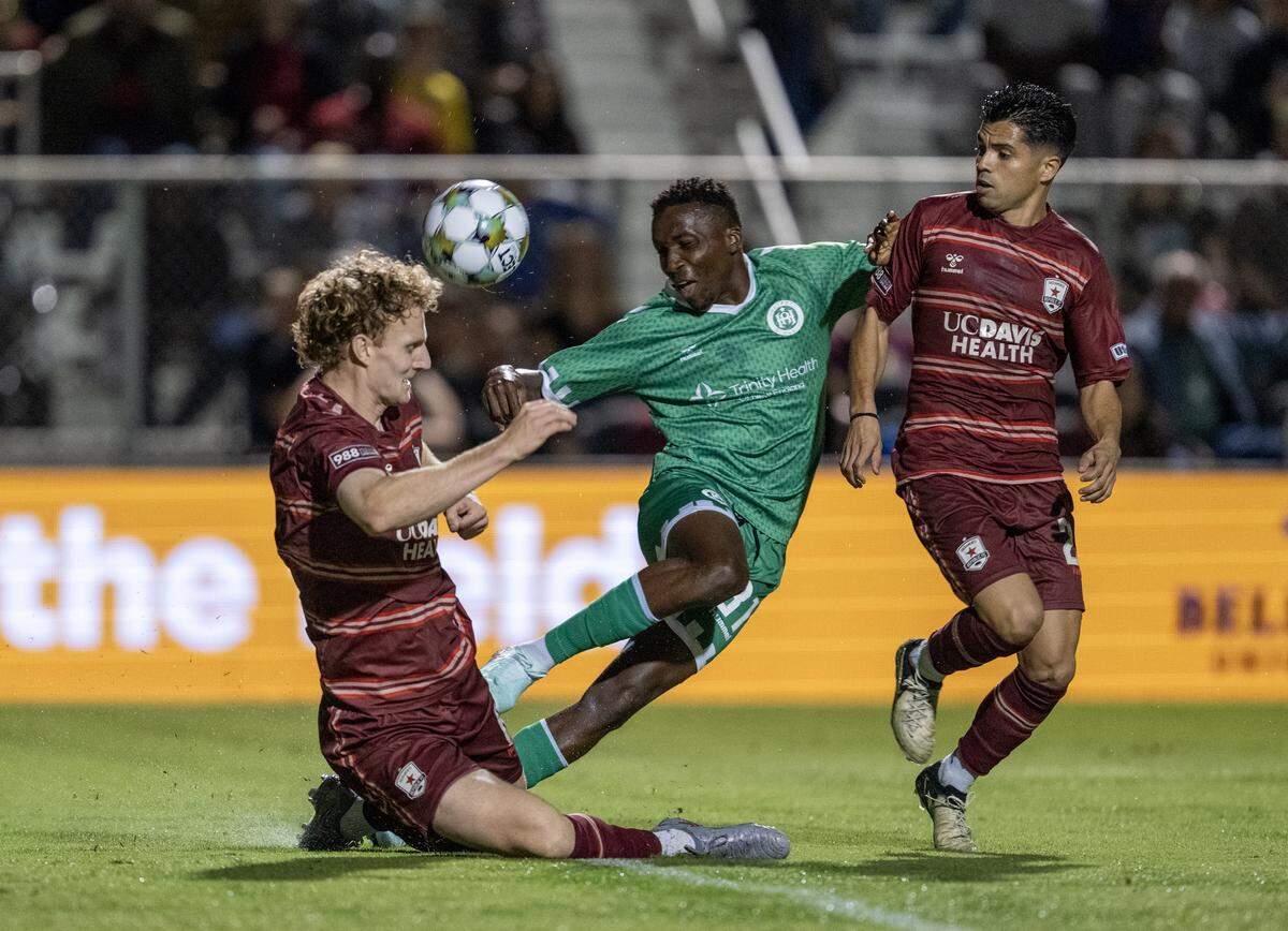 Sacramento Republic FC’s Freddy Kleemann blocks the shot of Hartford Athletic’s Adewale Obalola (81) in the first half Saturday in the USL Jägermeister Cup Final at Heart Health Park.