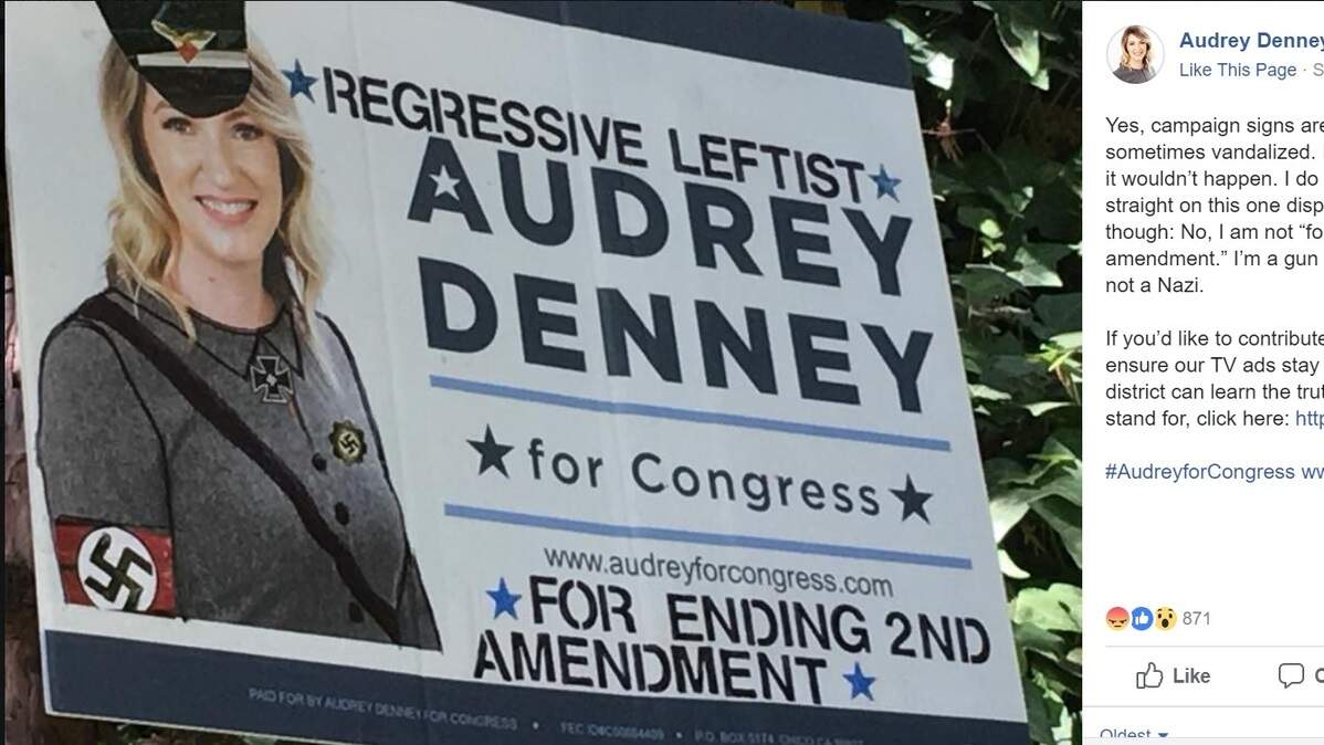 A campaign sign for Audrey Denney, Democrat running in the California 1st District, was targeted by vandals.