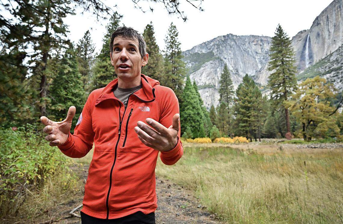 Rock climber Alex Honnold, famed for his free solo ascents of El Capitan, speaks at Yosemite National Park in 2025. 