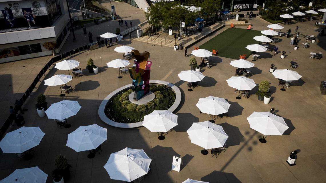 Umbrellas line the main plaza at Downtown Commons in Sacramento in 2020. Police say they have identified, but not located, the suspect in connection with a stabbing that killed a man outside of Golden 1 Center on Nov. 15, 2023.