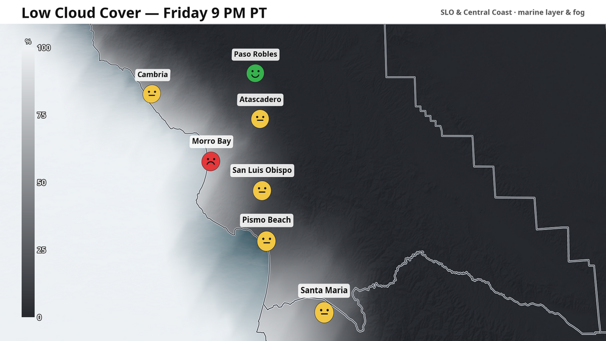 Low clouds and the marine layer on the evening of Friday, July 3. Icons indicate firework viewing conditions.
