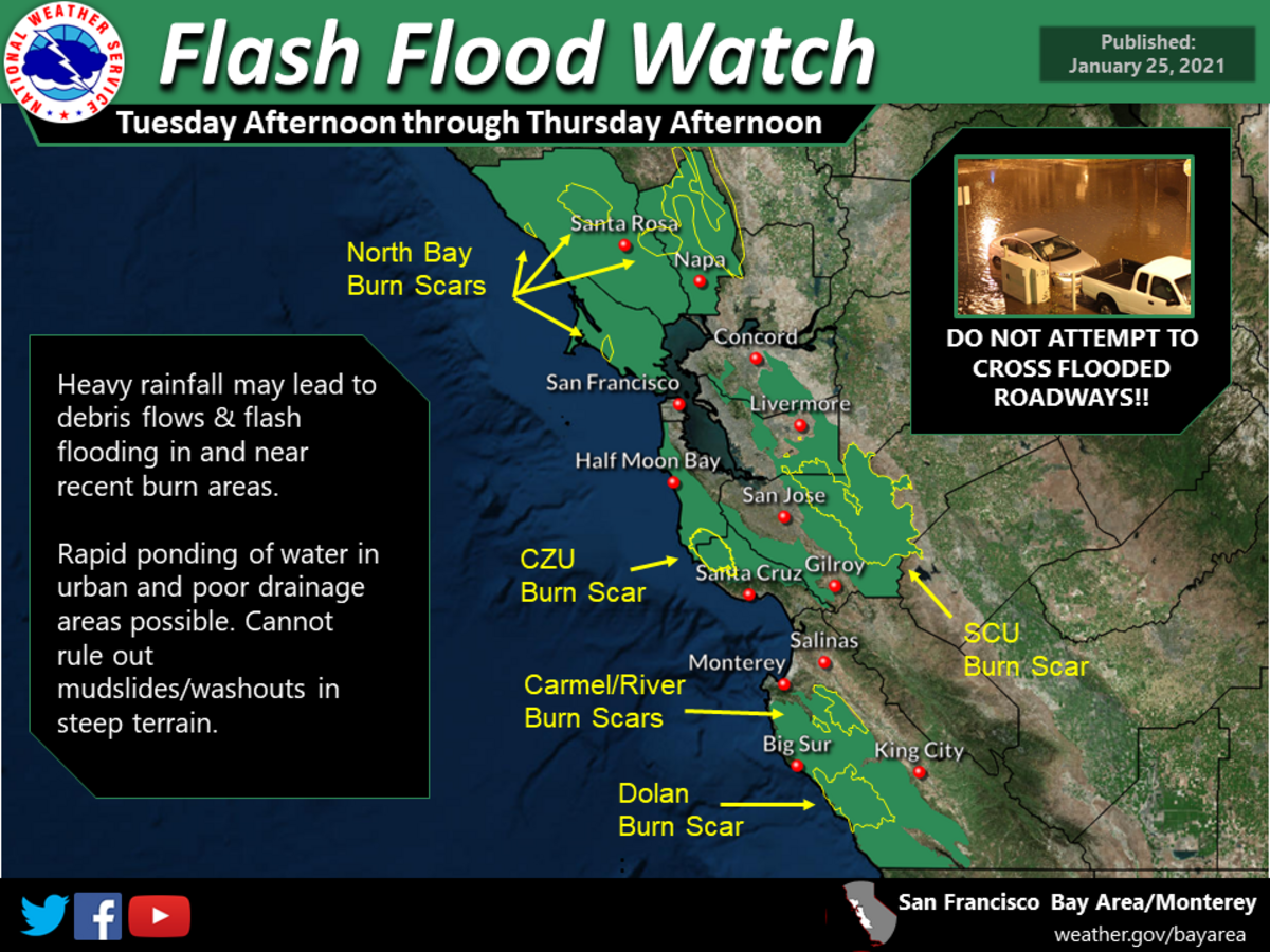 A flash flood watch is in effect during the atmospheric river event. The weather service says the “highest concerns are for several of the burn scars in our region as we are impacted by prolonged moderate to heavy rain. There could also be rapid ponding of water in urban and poor drainage areas along with the potential for slides and wash outs in steep terrain. Please be cautious during this time and heed orders from local officials.”