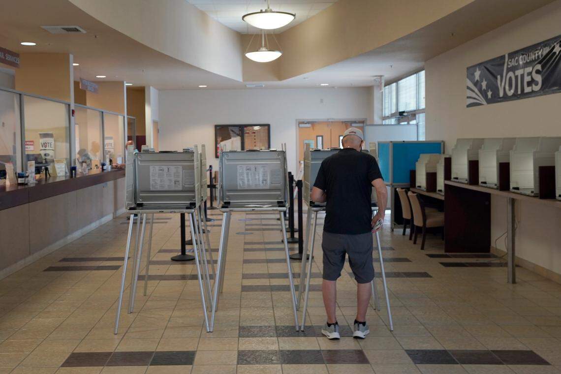 Robert Macias marks his ballot for the California primary at the Sacramento County Registrar of Voters office in Sacramento, Calif., Tuesday, June 7, 2022. (AP Photo/Rich Pedroncelli)
