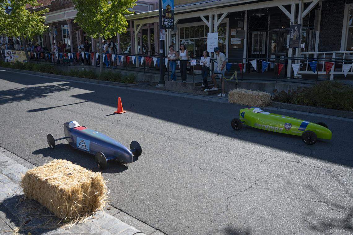 Masters class derby racers compete in the Folsom Historic District’s All-American Soap Box Derby in Folsom on Sunday.