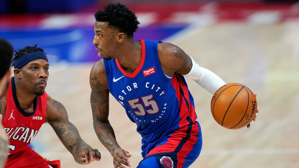 Detroit Pistons guard Delon Wright controls the ball during the second half of an NBA basketball game against the New Orleans Pelicans, Sunday, Feb. 14, 2021, in Detroit. (AP Photo/Carlos Osorio)
