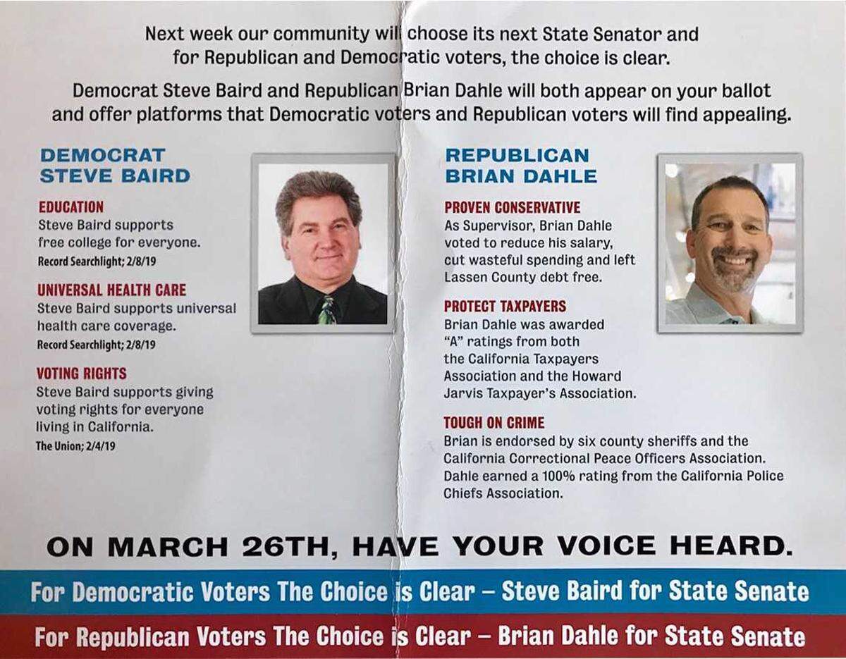 A flyer mailed out by a group called Taxfighters for Brian Dahle for Senate 2019 was sent in by several Sacramento Bee readers. The flyer highlights Dahle and Steve Baird, who dropped out of the race in February and is listed as Democrat even though he ran as a Republican for the seat during the 2016 primary. It also quotes from a Bee article on March 1 about Baird and the other candidates for the State Senate District 1 seat but leaves out a subsequent passage on Baird exiting the race.