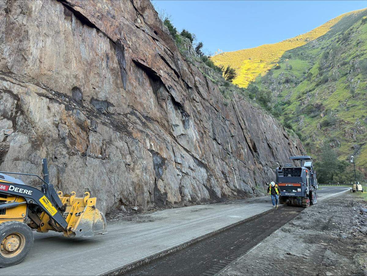 Teichert Construction begins road repair work on Highway 140 near the entrance to Yosemite National Park on Tuesday, March 25, 2025. A debris slide closed the highway in both directions on Monday, March 17.