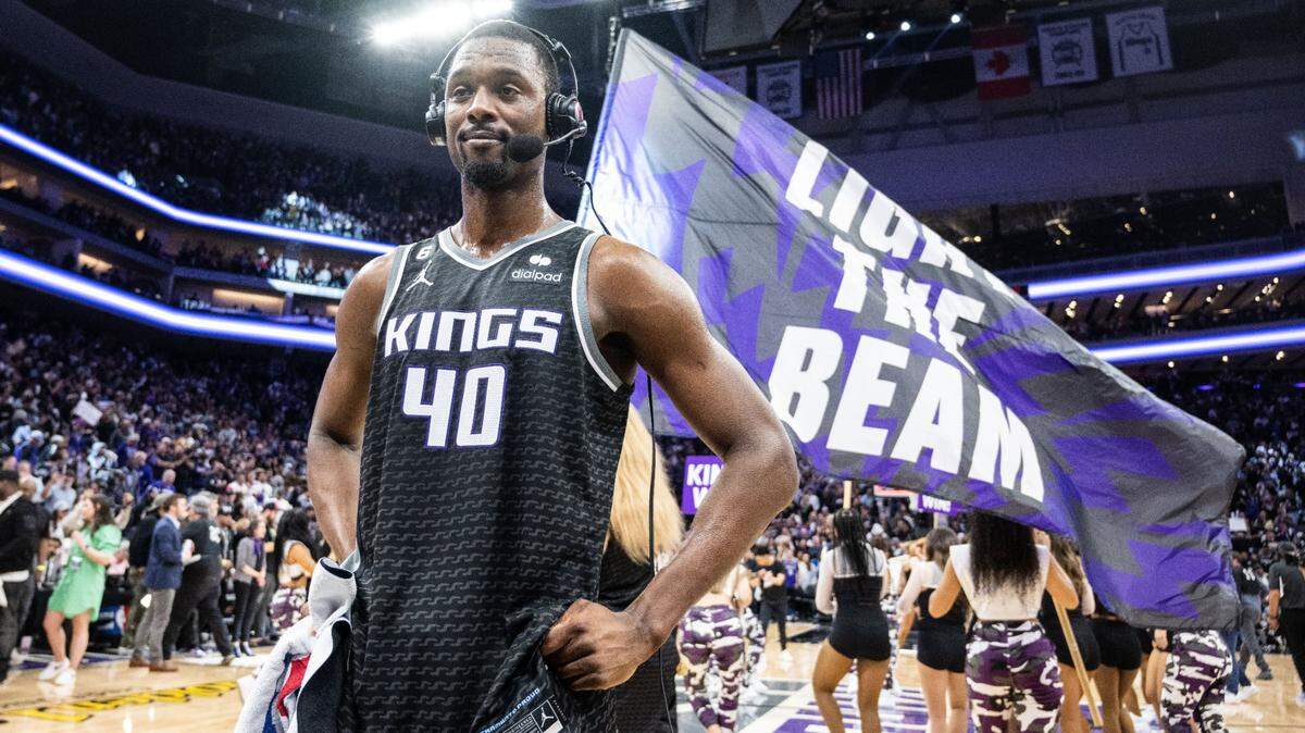 Sacramento Kings forward Harrison Barnes (40) prepares to give a television interview after his team’s victory during Game 2 of the first-round NBA playoff series at Golden 1 Center on Monday, April 17, 2023.
