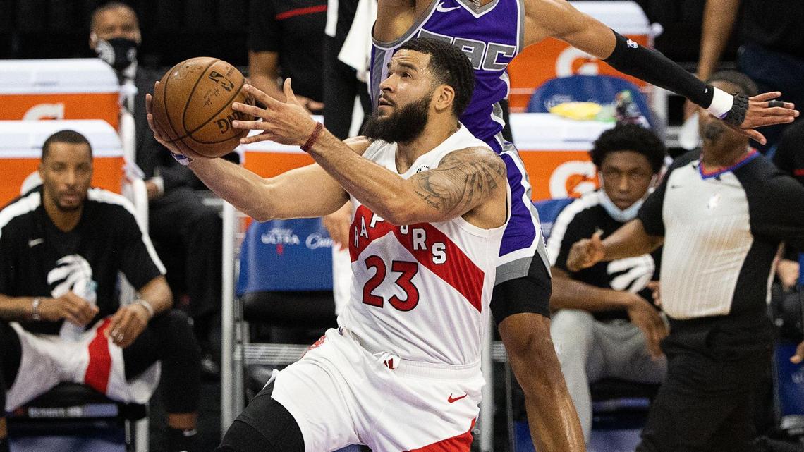 Sacramento Kings guard Tyrese Haliburton (0) tires to block a shot by Toronto Raptors guard Fred VanVleet (23) during a game at Golden 1 Center on Friday, Jan. 8, 2021 in Sacramento.