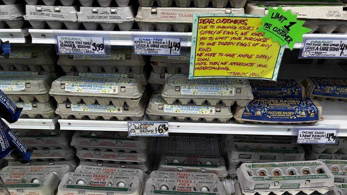 A dozen eggs at Trader Joe’s in Elk Grove were being sold for $4.99 in February. The U.S. Department of Justice filed a lawsuit against California, blaming its cage-free egg laws for rising prices.