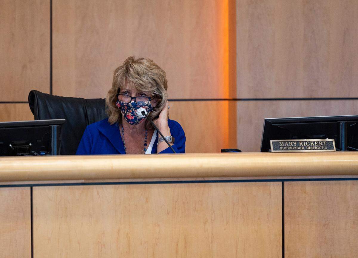 Shasta County Supervisor Mary Rickert listens to public comment in Redding in 2020.