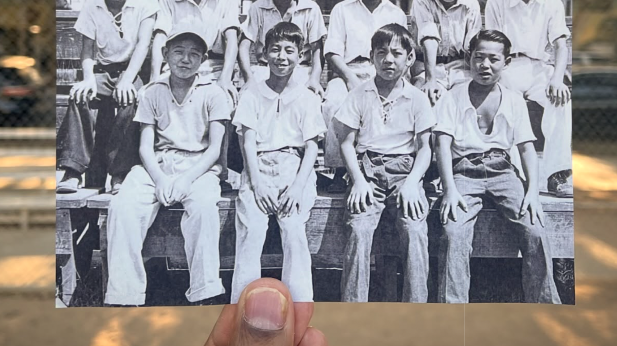 An image from one of Zaved Khan's Instagram posts places a picture of a 1930s Japanese-American youth baseball team from the collection of the Center for Sacramento History in downtown's Roosevelt Park, the location where it was taken.