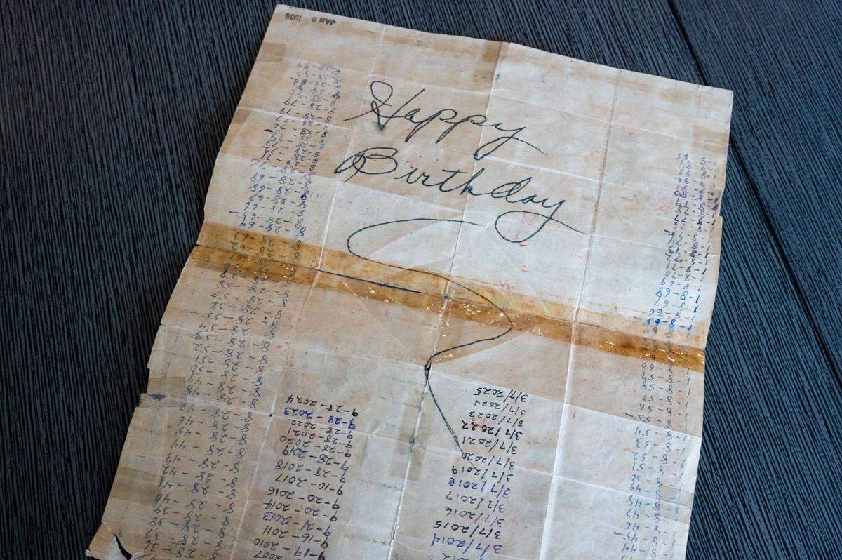 Mailing dates fill a birthday card, which the Rose family has been exchanging since 1936, at Tom Rose’s home in Sacramento earlier this month.