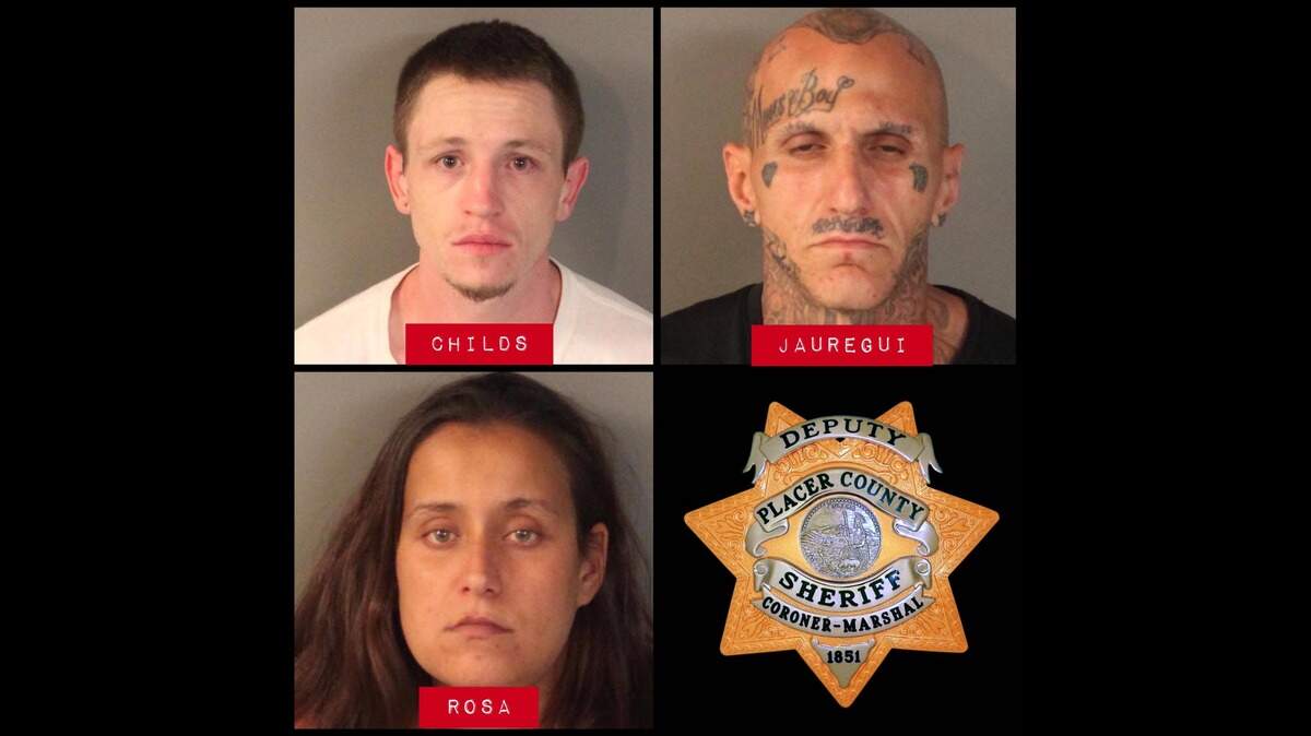 Three suspects were arrested in Placer County on suspicion of being involved in recent thefts. Clockwise from top left: Alexander Childs, Jacob Jaregui and Ashley Rosa.