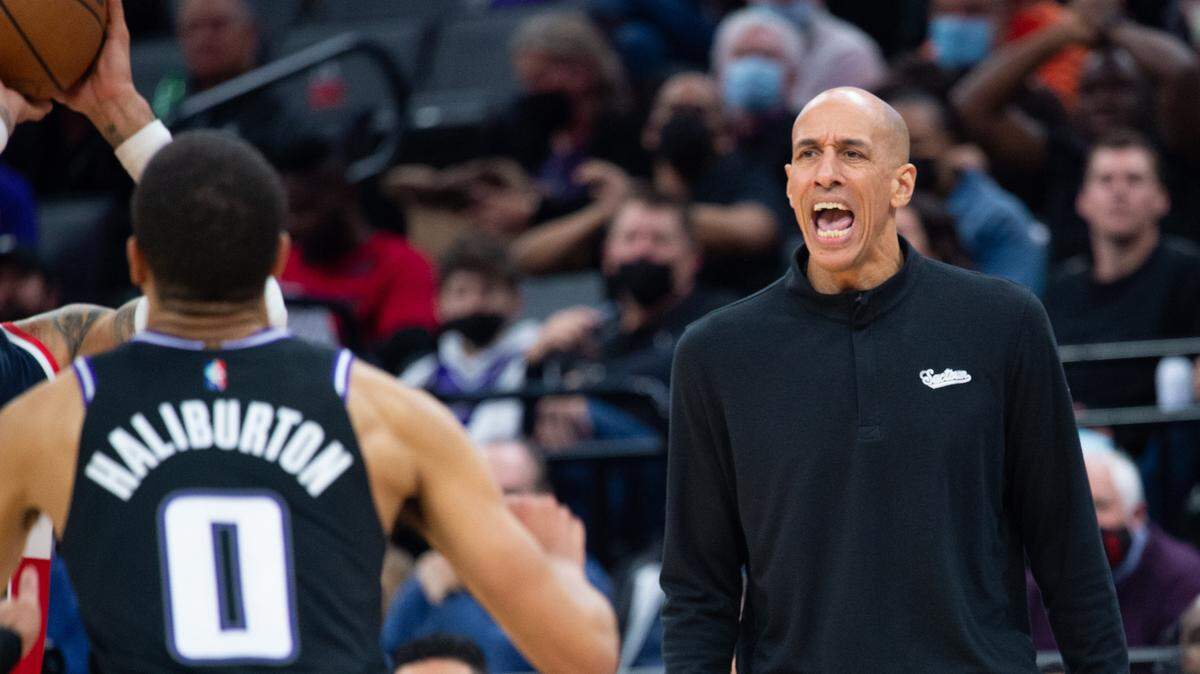 Sacramento Kings acting head coach Doug Christie reacts during play against the Washington Wizards in the second half during a game at the Golden 1 Center on Wednesday, Dec 15, 2021, in Sacramento.